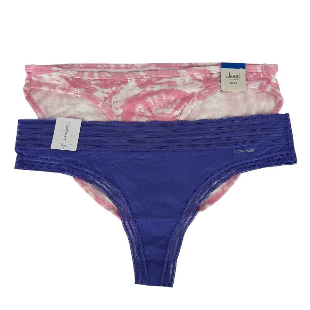 Calvin Klein & Jenni Intimates NEW Lot of 2 XL Bikini & Thong Panties Blue Pink
